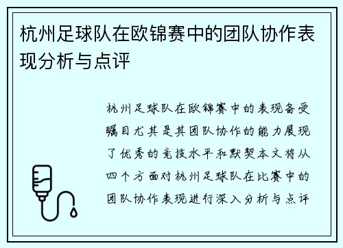 杭州足球队在欧锦赛中的团队协作表现分析与点评